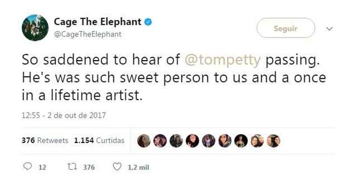 A banda Cage The Elephant presta homenagem a Tom Petty(foto: Reprodução/Internet) A banda Cage The Elephant presta homenagem a Tom Petty(foto: Reprodução/Internet)
