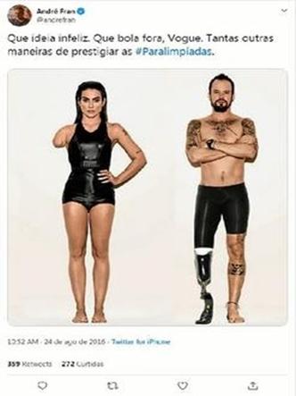 Vogue A marca fez uma campanha para divulgação das Paralimpíadas com os atores Cléo Pires e Paulinho Vilhena imitando pessoas com deficiência em vez de exibir atletas paraolímpicos. A foto, editada, repercutiu negativamente nas redes sociais. (foto: André Fran/Reprodução) Vogue A marca fez uma campanha para divulgação das Paralimpíadas com os atores Cléo Pires e Paulinho Vilhena imitando pessoas com deficiência em vez de exibir atletas paraolímpicos. A foto, editada, repercutiu negativamente nas redes sociais. (foto: André Fran/Reprodução)