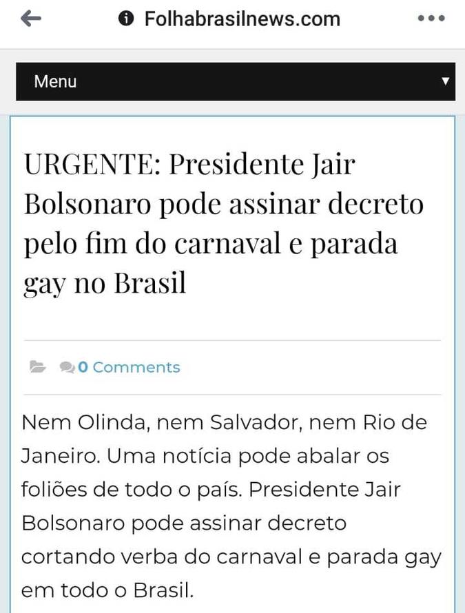 Suposto post adota tom sensacionalista para disseminar notícia falsa sobre carnaval e parada LGBT(foto: Reprodução internet) Suposto post adota tom sensacionalista para disseminar notícia falsa sobre carnaval e parada LGBT(foto: Reprodução internet)
