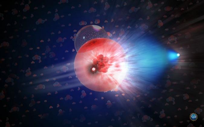 Neutrino colidindo com um átomo da molécula de água e produzindo a luz azul(foto: IceCube/NSF) Neutrino colidindo com um átomo da molécula de água e produzindo a luz azul(foto: IceCube/NSF)