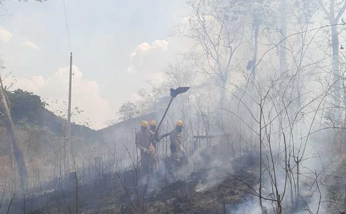O incêndio dura cinco dias e os bombeiros continuam no local(foto: Divulgação/CBMGO) O incêndio dura cinco dias e os bombeiros continuam no local(foto: Divulgação/CBMGO)