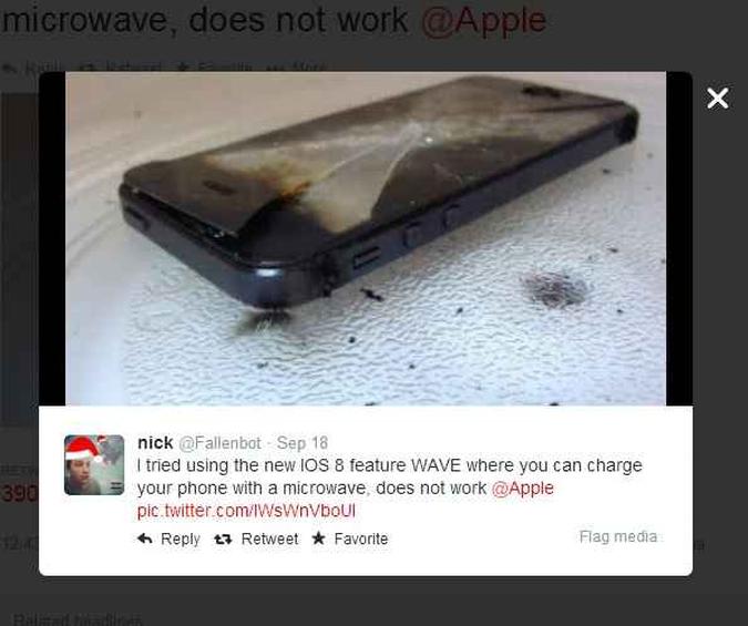 Usuários brincam com rumores sobre tecnologia que torna possível carregar aparelhos com sistema iOS 8 no microondas(foto: Reprodução/Twitter) Usuários brincam com rumores sobre tecnologia que torna possível carregar aparelhos com sistema iOS 8 no microondas(foto: Reprodução/Twitter)
