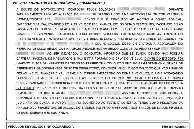Na descrição dos fatos, PMs confirmam a emissão do TC e um auto de infração de trânsito(foto: Reprodução) Na descrição dos fatos, PMs confirmam a emissão do TC e um auto de infração de trânsito(foto: Reprodução)