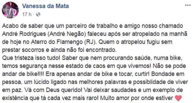 Cantora demonstrou todo o seu pesar pela morte do músico(foto: Facebook/Reprodução) Cantora demonstrou todo o seu pesar pela morte do músico(foto: Facebook/Reprodução)