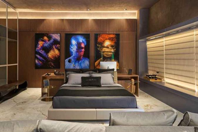 No quarto projetado pela Alf Arquitetura, os quadros finalizam a composição moderna. As cores se destacam na paleta neutra do ambiente.(foto: Jomar Bragança/Divulgação) No quarto projetado pela Alf Arquitetura, os quadros finalizam a composição moderna. As cores se destacam na paleta neutra do ambiente.(foto: Jomar Bragança/Divulgação)