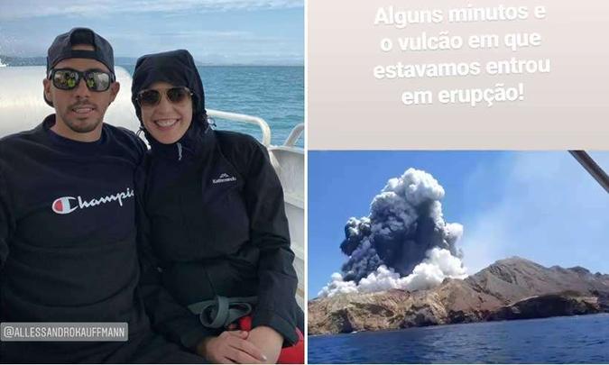 Allessandro Kauffmann e Aline Moura deixaram o vulcão 10 minutos antes de erupção(foto: Reprodução/Instagram) Allessandro Kauffmann e Aline Moura deixaram o vulcão 10 minutos antes de erupção(foto: Reprodução/Instagram)