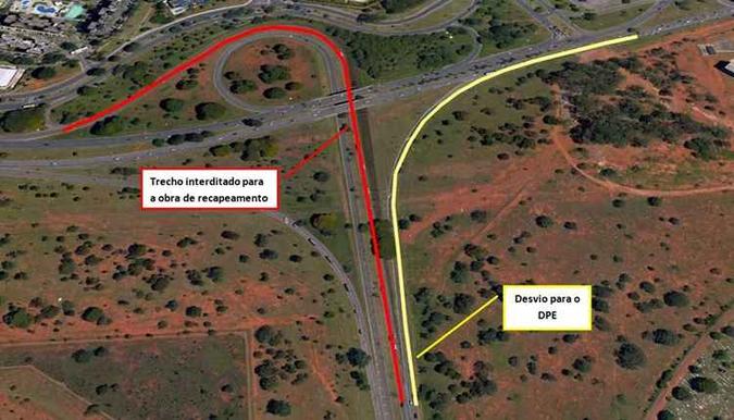 A interdição total da via de acesso do Setor Policial Sul que passa embaixo do viaduto próximo à Octogonal acontece das 7h às 18h(foto: Detran/Divulgação) A interdição total da via de acesso do Setor Policial Sul que passa embaixo do viaduto próximo à Octogonal acontece das 7h às 18h(foto: Detran/Divulgação)