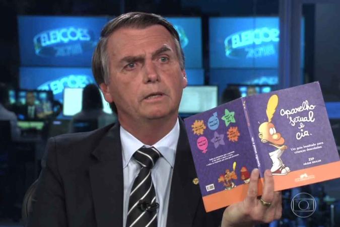 Jair Bolsonaro, durante a entrevista no 'Jornal Nacional, chegou a levar o suposto livro(foto: Reprodução/TV Globo) Jair Bolsonaro, durante a entrevista no 'Jornal Nacional, chegou a levar o suposto livro(foto: Reprodução/TV Globo)